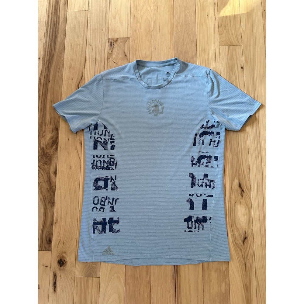 ADIDAS BOSTON MARATHON Medium Blue CLIMALITE RUNNING Short Sleeve Shirt 2019